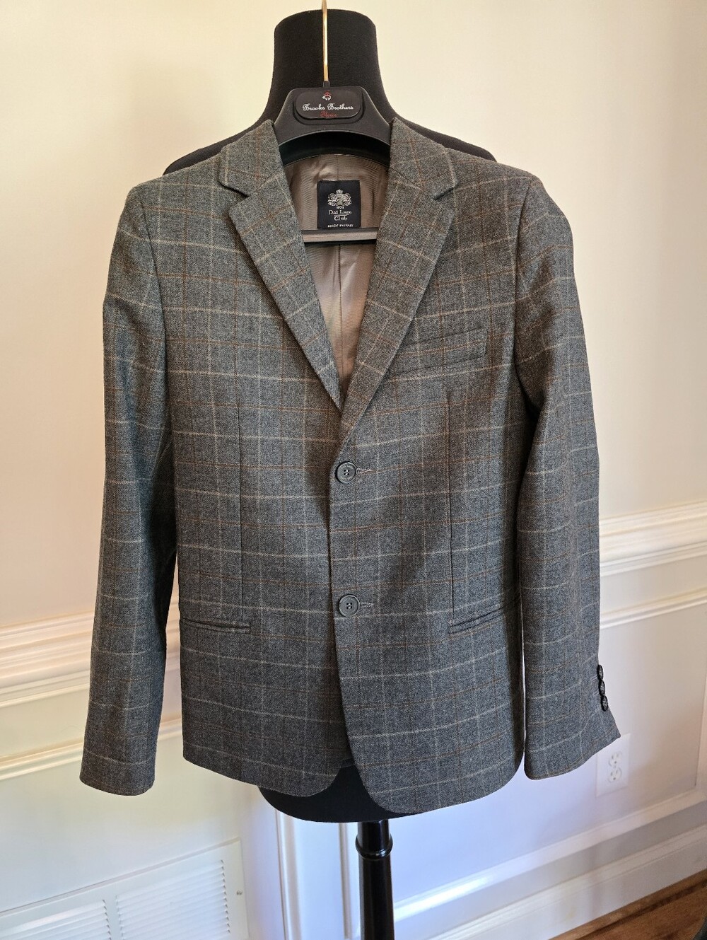Dal Lago Club Boy's Gray Plaid Wool Sport Coat with Brown Windowpane